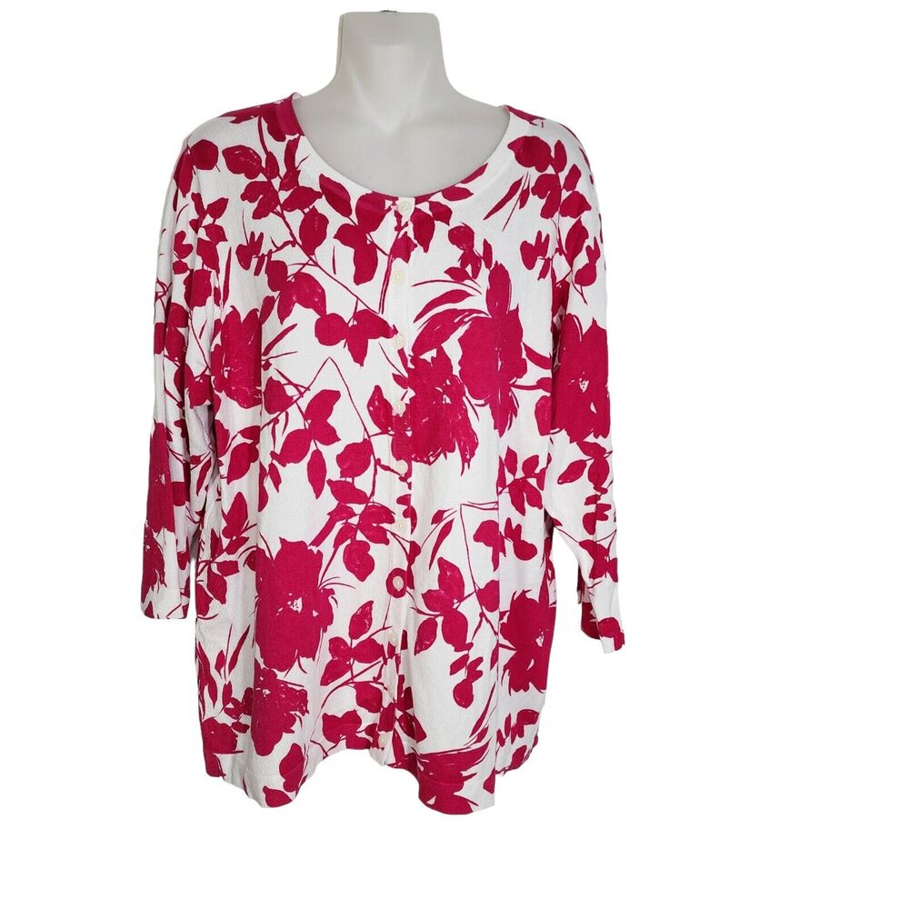 Roz & Ali Womens Cardigan Sweater Size 2X White Pink Floral Button Up 3/4 Sleeve